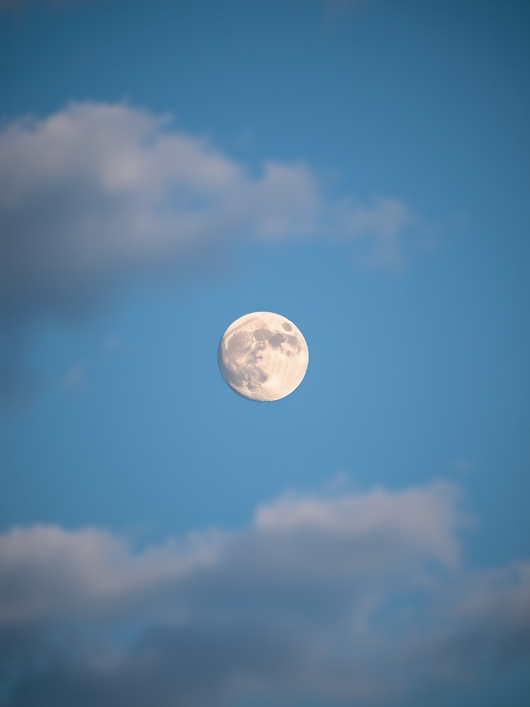 Capture a full moon in a serene sky with soft clouds, using a DSLR camera, 200mm lens, aperture f/8, ISO 100, shutter speed 1/200 sec, shot from a low angle for a calming effect.