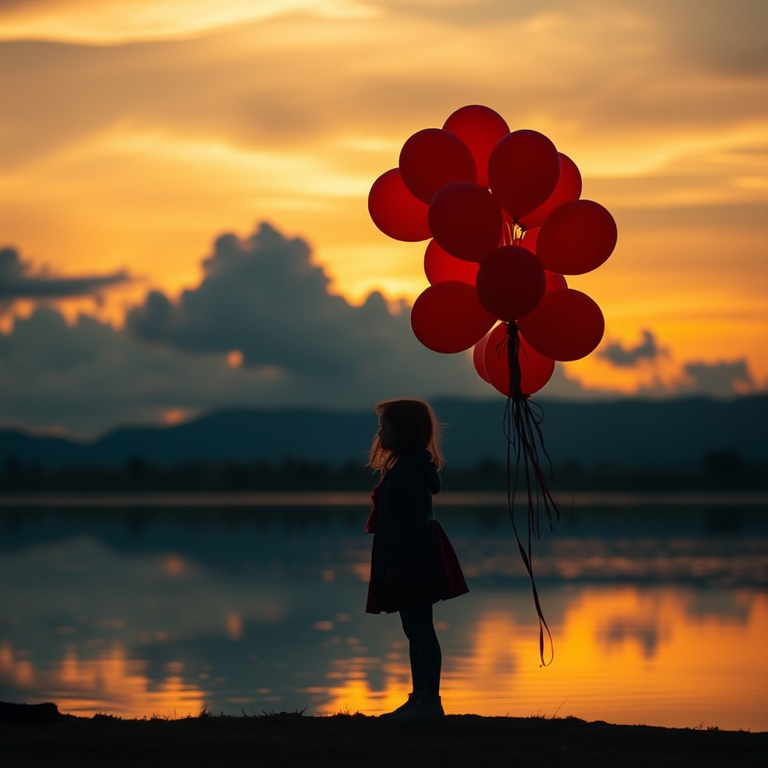 Create an ethereal landscape depicting a silhouette of a girl standing at the edge of a serene lake, holding a cluster of vibrant orange balloons as the sun sets, cast in soft golden and deep blue hues, with dramatic clouds; use a Canon EOS 5D Mark IV, 35mm lens, f/1.8 aperture, ISO 100, shot at dawn to enhance color vibrancy and depth of field.