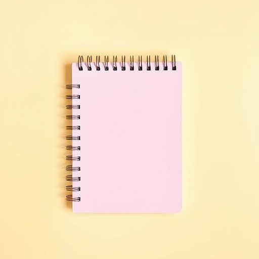 Create a flat lay image of a closed spiral notebook on a bright pastel background, captured with a 50mm lens at f/2.8, ISO 100, using a DSLR camera with natural lighting to enhance clarity and colors.