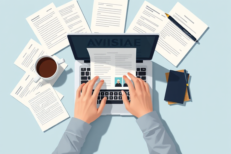 a flat lay illustration of two hands typing on a laptop surrounded by scattered documents, a coffee cup, and a pen, high-resolution, 50mm lens, f/2.8 aperture, natural lighting, overhead view, digital illustration style