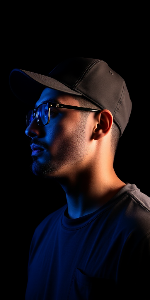Generate an image of a man wearing a baseball cap and glasses, with a profile view illuminated by a soft light against a dark background.