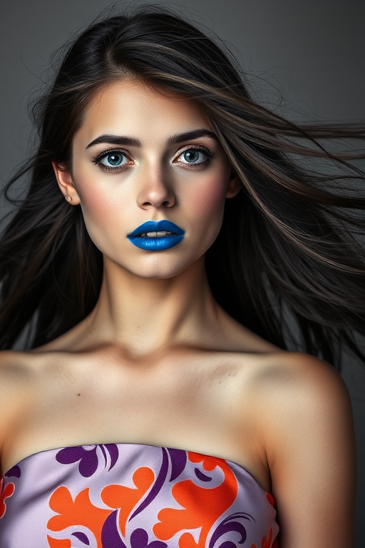 Photographic image of a beautiful young Mapuche woman, cyan eyes, lips with cyan lipstick, long hair fluttering in the wind and wearing a silk strapless dress with a soft purple and orange print. monochrome image with only color highlights in the iris of the eyes, lipstick and dress. Gray background.
