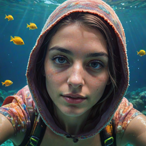 Realistic selfie image of a Turkish, wearing a vintage outfit, detailed dreamy eyes, droopy hooded eyes, staring at the camera, taken underwater at coral reef with a sunbeam filtering through the water, vibrant, summer vacation, natural lighting, turtle and school of tropical fish with vibrant colors, rendered in the style of CryEngine, Pegi Nicol MacLeod, with realistic genre scenes, hauntingly beautiful narratives, ultra-realism, and Thomas Saliot's close-up technique, 8K resolution, crystal clear and sparkling water.