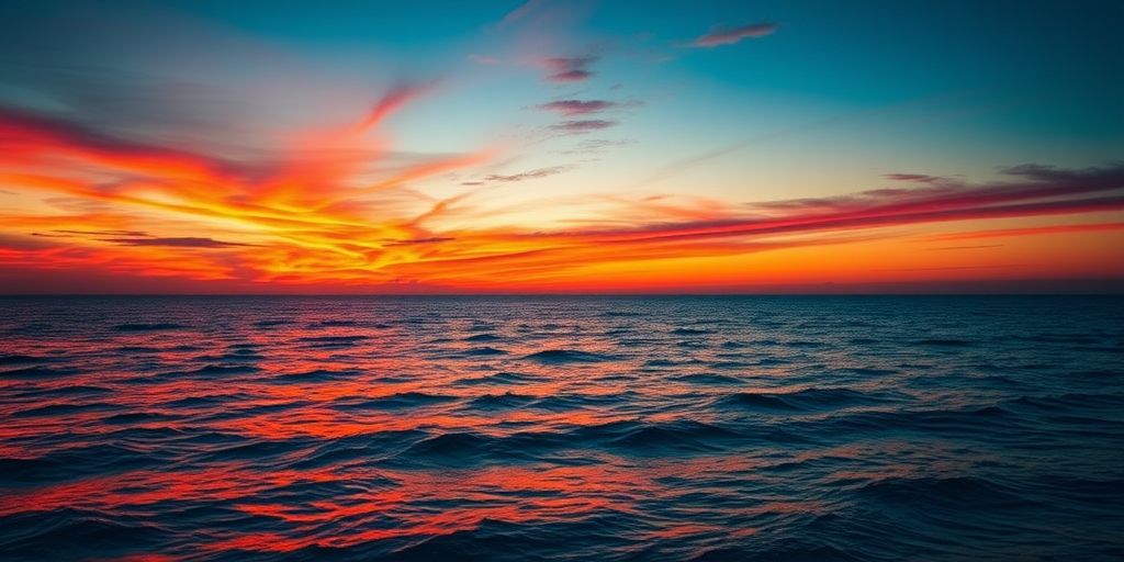 Create an image of a vibrant sunset over a calm ocean, using a DSLR camera with a 50mm lens, aperture set to f/1.8, shutter speed at 1/200s, ISO 100, in landscape orientation.