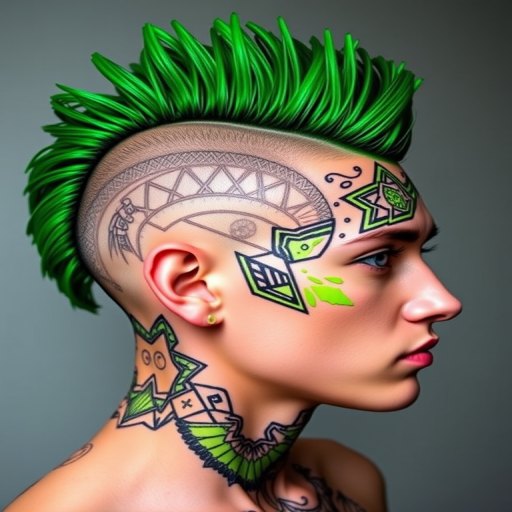 Emerald green mohawk with shaved sides adorned with intricate geometric patterns, dubbed "Neon Rebellion" style, incorporating vibrant lime green accents