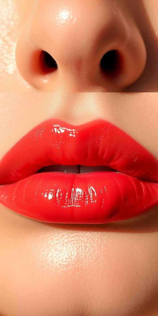 Vibrant coral lip tint "Sunset Serenade" featuring a glossy finish and subtle shimmer, perfect for summer evenings, enhancing natural lip contours with a plumping effect