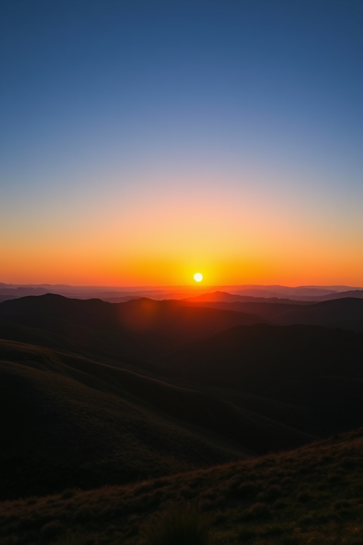 Create a high-resolution image of a serene landscape featuring rolling hills under a clear blue sky during sunset, using a DSLR camera at f/8 aperture, 1/200 shutter speed, ISO 200, with a wide-angle lens and a slightly elevated viewpoint to capture depth and vivid colors.