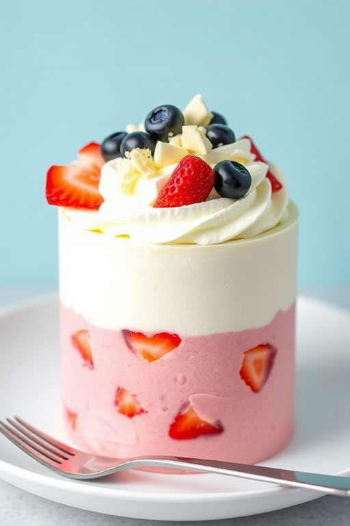 Create an image of a layered dessert with three distinct colors the bottom layer is pink with pieces of strawberries the middle layer is white and the top layer is light blue the dessert is topped with whipped cream and garnished with fresh strawberries blueberries and white chocolate shavings the dessert is presented on a white plate with a fork beside it.