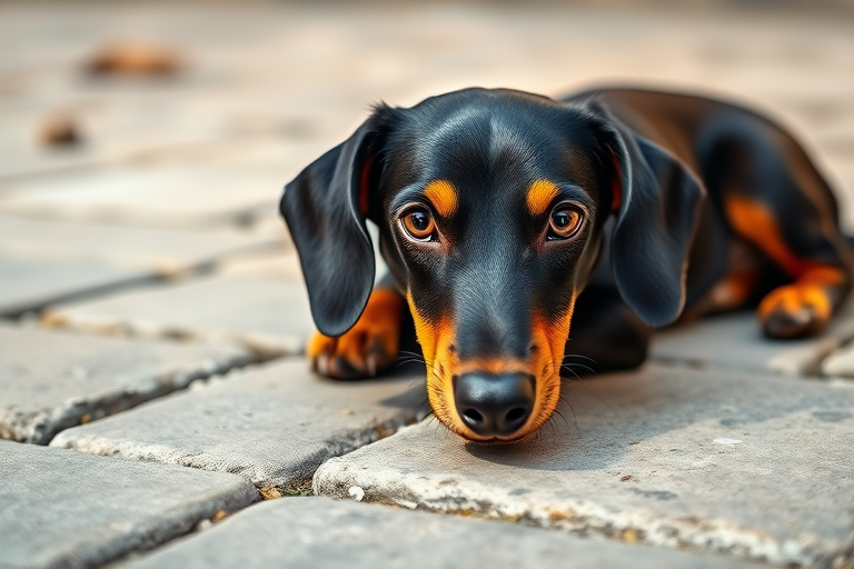 Generate an image of a black and tan Dachshund lying on a stone surface, captured with a DSLR camera, wide aperture of f/2.8, shutter speed 1/100s, ISO 200, natural daylight, shallow depth of field, focused on the dog's face.