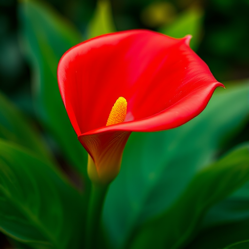 A vibrant red calla lily with a yellow stamen surrounded by lush green leaves, soft bokeh background, captured with a DSLR camera at f/2.8 aperture, 50mm lens, ISO 100, natural light for enhanced detail and depth.