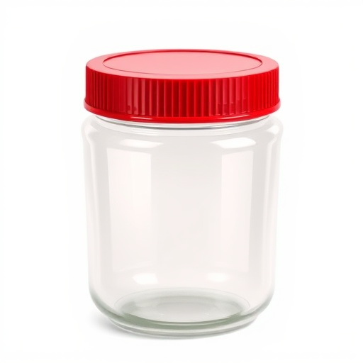 Create a high-resolution illustration of a simple glass jar with a red lid, using a soft focus camera style, ISO 100, aperture f/8, focal length 50mm, shallow depth of field, and captured from a straight-on view to emphasize the jar's shape and color.