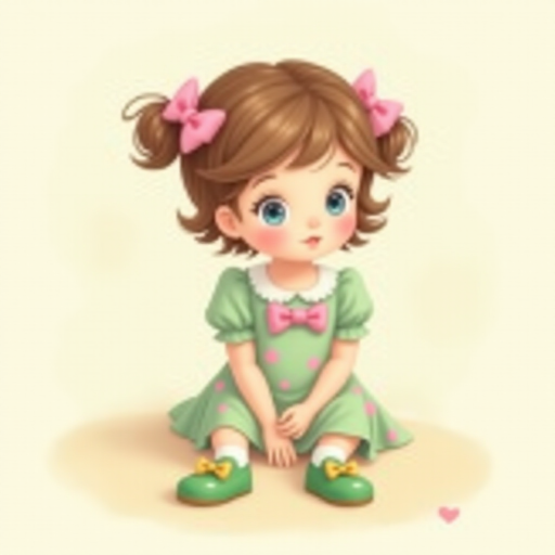 digital illustration of a kid girl with brown hair and blue eyes, sitting on the floor with her legs crossed and her hands resting on her knees. she is wearing a green floral dress with a pink bow on the front and a pair of green shoes with gold ribbon. She has a pink bows on her head. The background is a light beige color with a subtle texture. whimsical and dreamy.The color scheme is soft and muted pastel.