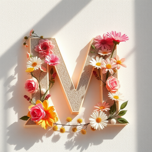 Create a high-resolution image of a stylized letter M with floral elements, using a Canon EOS R5 camera, 50mm lens, f/1.8 aperture, ISO 100, captured in soft natural light from a low angle to enhance texture and detail.