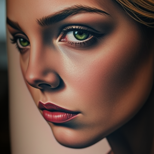 Hyperrealistic portrait tattoo titled "Timeless Gaze" capturing every nuance and detail of a human face with photographic precision. Subtle gradients and expert shading techniques bring depth and dimension to the skin, eyes, and hair. The play of light and shadow creates a lifelike quality that seems to breathe on the skin.