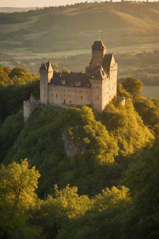 Soft-focus image of a historic castle on a hill, surrounded by lush greenery, with soft golden light from a setting sun casting long shadows on the castle walls.