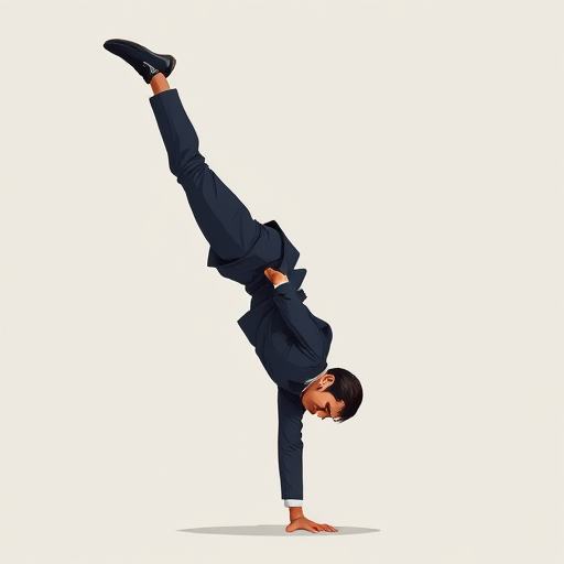 Generate an illustration of a person in a formal suit performing a handstand, with a unique artistic style that emphasizes contrast, using a Canon EOS R5 camera with a 50mm f/1.2 lens, aperture set to f/4, ISO 100, and a soft focus background.