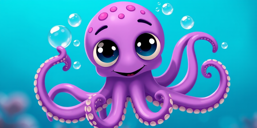 create a cute cartoon octopus with a purple body, large expressive eyes, and bubbles surrounding it, in a bright blue underwater background, using a DSLR camera, f/2.8 aperture, 50mm lens, ISO 100, soft focus style for a vibrant look