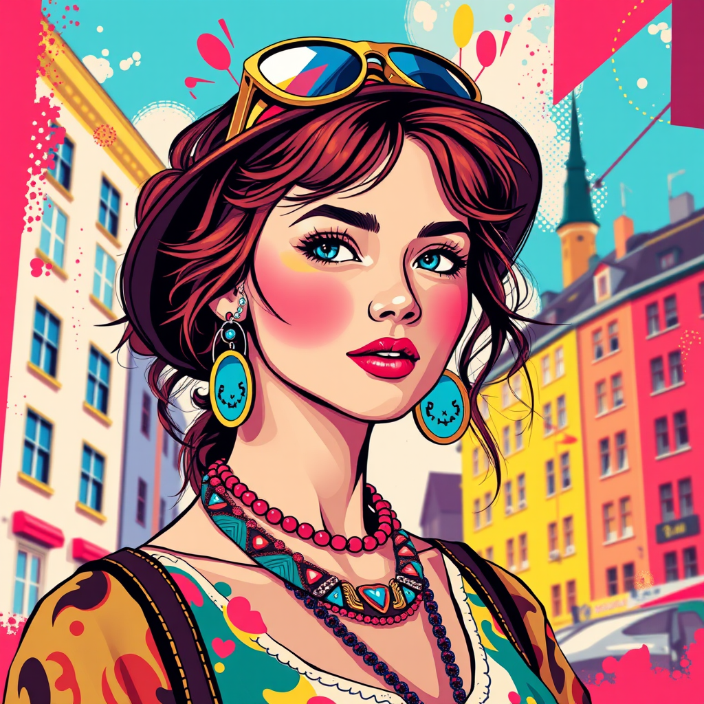 A vibrant artwork blending bohemian style with edgy street art, featuring a young Swedish woman. The design mixes vibrant colors with the modern Disney-inspired style, echoing Roy Lichtenstein's pop art. The overall mood is optimistic and trendy, with elements of Johannes Vermeer’s classic elegance, combined with the geometric abstraction of crystal cubism. add Stockholm shilluette