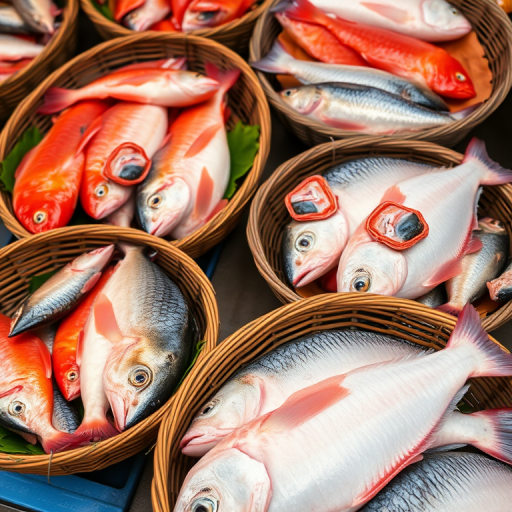 photograph of fresh fish displayed in market baskets, vibrant colors and detailed textures, taken with a DSLR camera, 50mm lens, f/2.8 aperture, ISO 200, natural lighting, overhead angle, high depth of field for sharpness, focus on the fish details