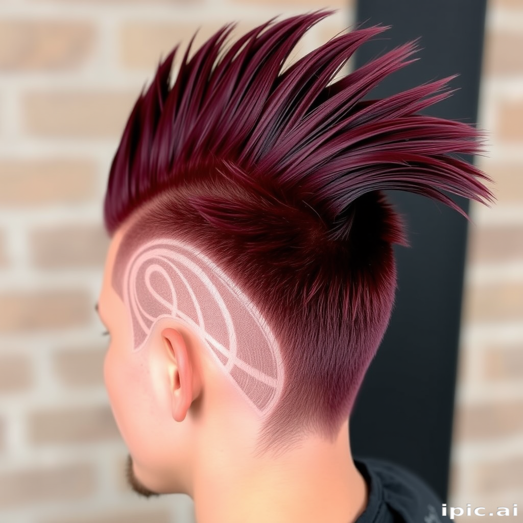 Deep burgundy mohawk with shaved sides and intricate designs, known as "Wine Rebel," boasting a velvety texture and subtle maroon undertones throughout