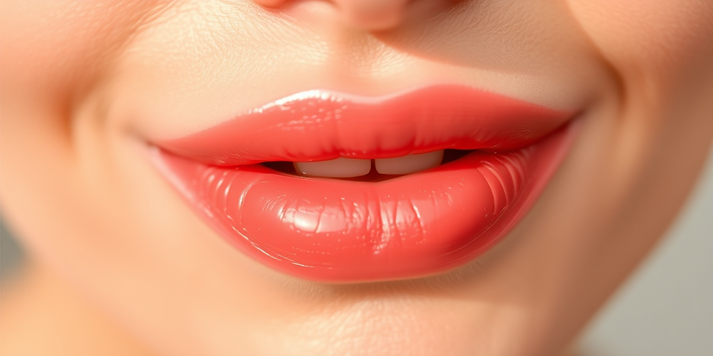 Sheer coral lips with a dewy finish, called "Sunrise Glow," feature a fresh, youthful look with a hint of natural-looking color and hydrated sheen