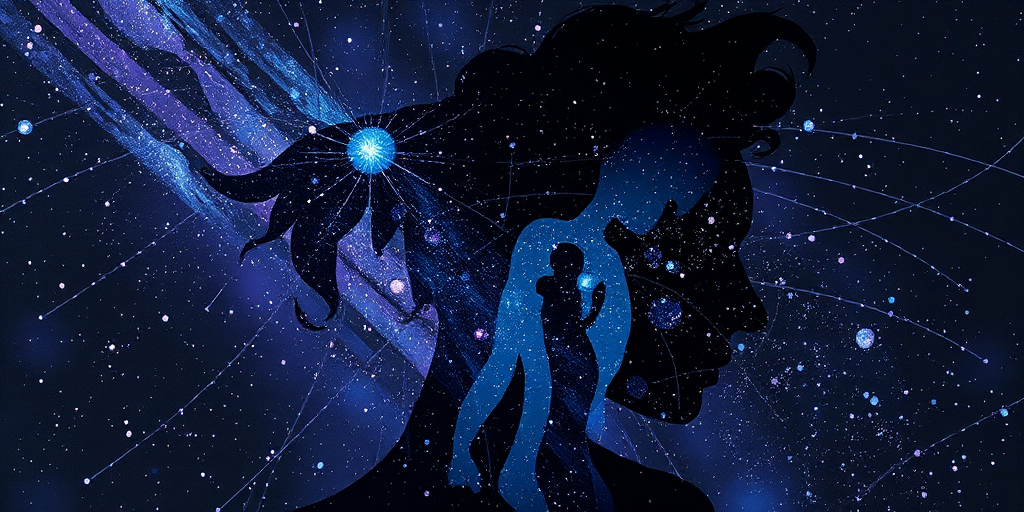 Captivating conceptual render alcohol ink art, double exposure, the paint strokes artfully merge combining a woman's full silhouette with a Xenial xenops's silhouette. The figures are composed of a series of colored dots, lines & spots that evoke the image of a cosmic galaxy, colors are deep shades of blue purple & black with flashes of white & silver representing distant stars. The woman's silhouette is formed within the lion's silhouette from constellations of scattered stars, surreal