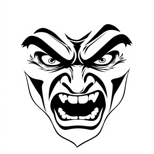 Generate a high-contrast, black and white illustration of an angry, stylized face with sharp features and intense eyes, using a digital camera at 50mm, f/2.8, ISO 100, with a flat lighting setup and a clean, minimal background for a modern look.