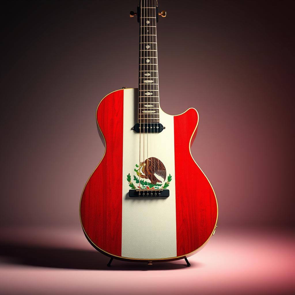 Create a high-resolution digital illustration of a guitar decorated with the Mexican flag, using a 50mm lens, f/5.6 aperture, ISO 100, in a studio setting with soft diffused lighting for enhanced colors and details.