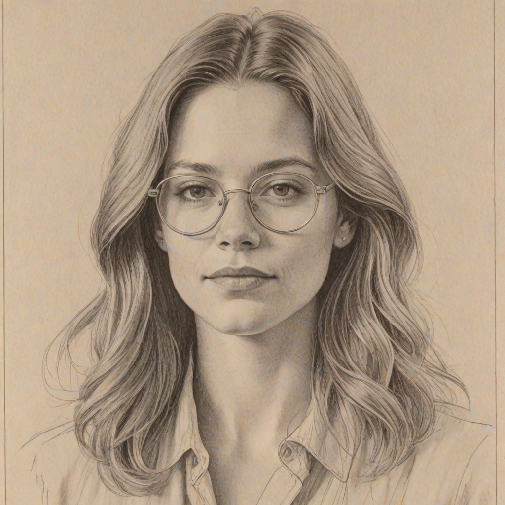 Bewitching Maggie Rogers, pencil sketch, portrait of Elegant woman 1977s in glasses, hair style beatnik, outline, clear lines, fine lines, 8k