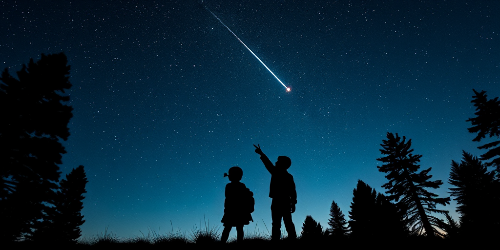 Create a starry night scene with two silhouetted children pointing at a shooting star, surrounded by tall pine trees, using a DSLR camera with an aperture of f/2.8, ISO 800, a shutter speed of 1/60s, in landscape view, with a soft focus background style.