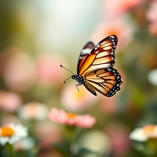 Create an image of a stylized butterfly in flight against a blurred floral background with a shallow depth of field, using a DSLR camera set to f/2.8 aperture, 50mm lens, ISO 100, and a soft natural light setting.