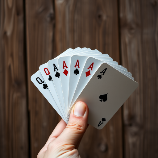 Capture a close-up of playing cards fanned out in hand against a textured wooden background, using a 50mm lens at f/1.8, ISO 100, shutter speed 1/200s, natural light, DSLR camera.
