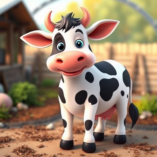 a cartoon cow with black spots and a pink nose standing in a farm setting, using a Canon EOS R5 camera with a 50mm lens, aperture f/1.8, ISO 100, 1/200s shutter speed, vibrant colors in a natural daylight environment