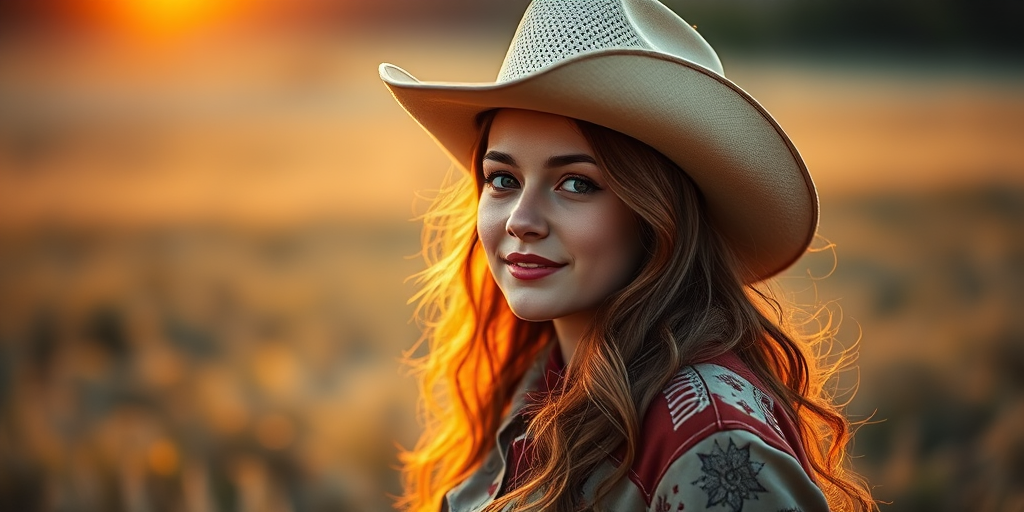 portrait of a young woman wearing a cowboy hat and western shirt in a sunlit field during golden hour, shallow depth of field, 85mm lens, f/1.8, ISO 100, soft lighting, natural background, DSLR camera