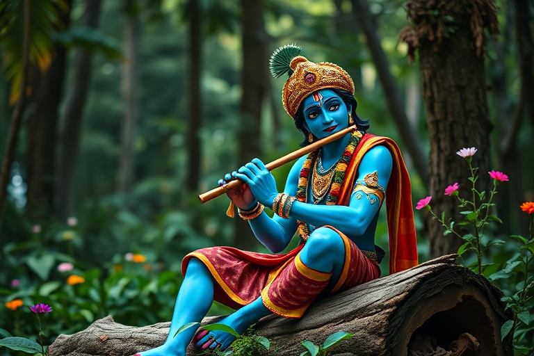 Generate a vibrant and richly detailed image of a blue-skinned Krishna playing the flute, seated on a log in a lush forest, surrounded by greenery and colorful flowers, using a Canon EOS R5, 50mm lens, f/1.8 aperture, ISO 100, with soft natural lighting to enhance the colors and textures.