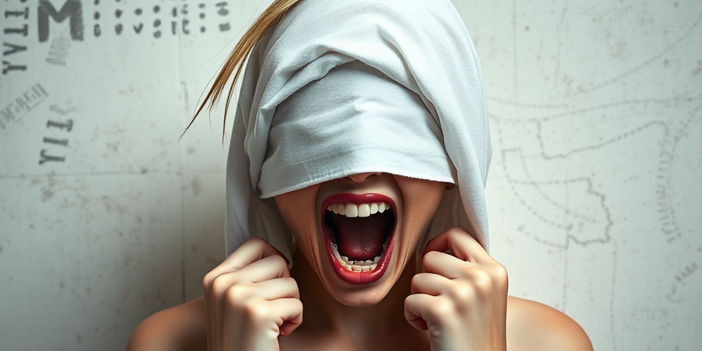 Create a close-up photographic image of the head and torso of a person with light skin tones shown against an old, worn wall. Their head is wrapped in a white cloth covering (i.e.... parts of the head except the nose and mouth, which are open as if they are screaming...), with a slight texture and visible folds in the fabric. Thin strands of blonde hair escape from the wrapping above, falling lightly at the top and sides. Their hands hold the fabric as if they are tugging nervously. The lighting is dramatic and even, casting strong shadows. The image has a minimalist and surreal style with an emphasis on simplicity with soft color tones. The composition is centered.