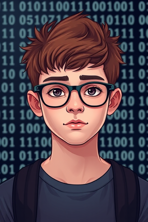 Generate a digital illustration of a young person with brown spiky hair and glasses, surrounded by a binary code backdrop, using a Canon EOS R5 with a 50mm lens at f/1.8, ISO 100, and a shallow depth of field for a clean focus effect.