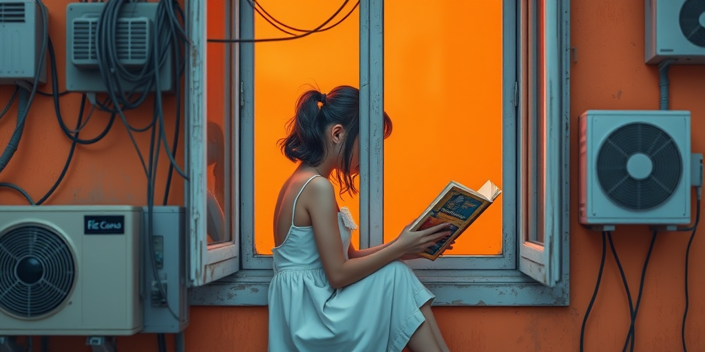 Create a digital artwork of a girl reading by a window with an orange background, surrounded by retro air conditioning units and tangled wires, captured in a warm, soft focus style; use a Canon EOS R with a 50mm lens at f/1.8, ISO 200, and 1/60 shutter speed for enhanced depth and clarity.
