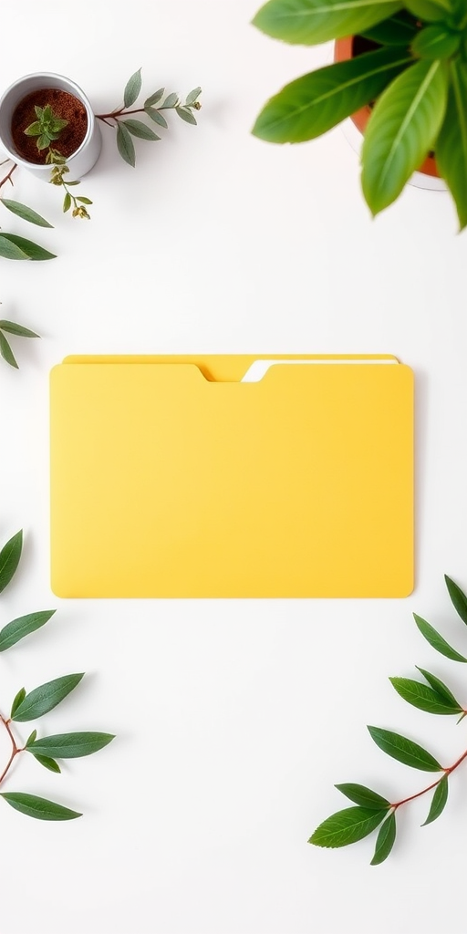 Create a high-resolution image of a yellow folder on a clean white background, captured with a Canon EOS 5D Mark IV at f/2.8, ISO 100, 1/125s, using a top-down view to enhance depth and focus, with soft natural lighting for an even tone.