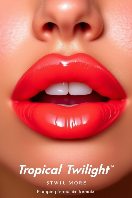 Vibrant coral sunset lips with a glossy finish, named "Tropical Twilight," featuring a subtle ombre effect and a plumping formula for a fuller appearance