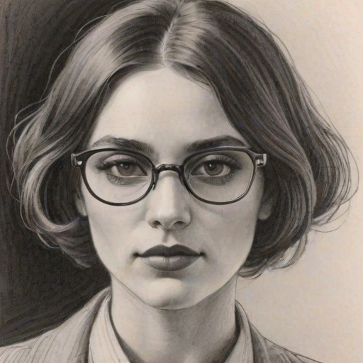 Magnificent Raven-Symon', pencil sketch, portrait of Sublime woman 1921s in glasses, hair style beatnik, outline, clear lines, fine lines, 8k