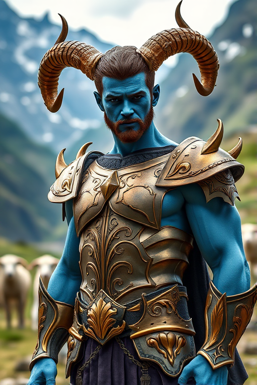 Create a highly detailed fantasy image of a male character with blue skin, large horns, and a muscular physique, wearing ornate golden armor, standing confidently in a mountainous valley with sheep in the background, use a DSLR camera with a 50mm lens, aperture set to f/1.8, ISO 100, and natural lighting to enhance color vibrancy and depth.