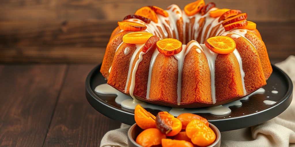 Create an image of a beautifully decorated bundt cake with a glossy icing drizzle and topped with colorful dried fruit slices including oranges and apricots placed on a dark round cake stand with a rustic wooden background and a small bowl of additional dried fruit in the foreground.