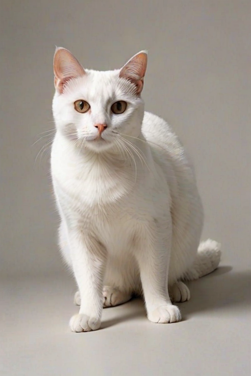 neutral background, with its body low to the ground, diffused light catches the curve of its back and the crisp contrast of its white chest, Imagine a black cat with a crisp white chest standing attentively on a smooth, Imagine a distinguished black cat, light-toned floor, contrasting sharply against its dark coat. The ears are perked up, white background