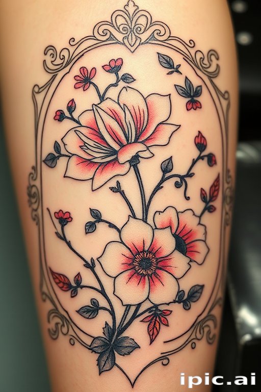 Art nouveau-inspired tattoo featuring elegant floral motifs and flowing lines, muted pastel color palette, ornate frame-like border, feminine and romantic aesthetic