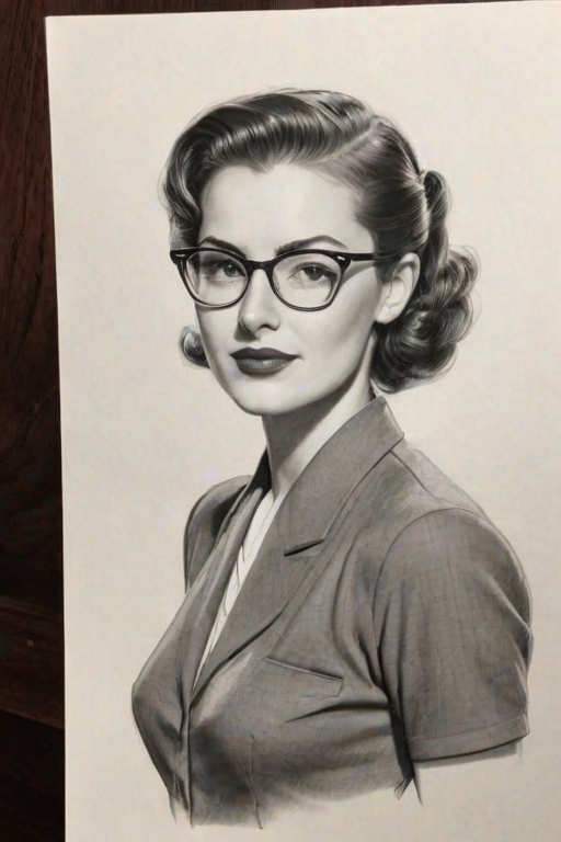 Radiant Kaitlyn Maher, pencil sketch, portrait of Alluring woman 1940s in glasses, hair style beatnik, outline, clear lines, fine lines, 8k