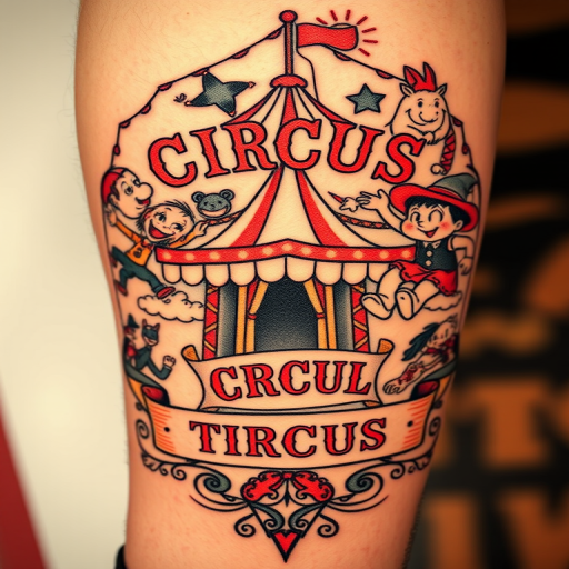 Vintage circus-themed tattoo featuring whimsical characters, bold typography, and nostalgic imagery, rendered in a sepia-toned color palette for an authentic old-world charm