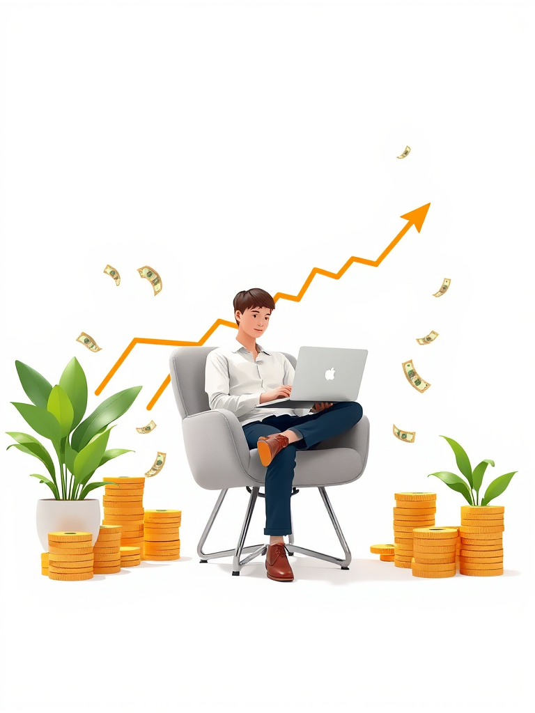 Create a digital illustration of a person sitting on a chair with a laptop, surrounded by money and a rising graph, using a clean white background, captured with a 50mm lens, f/2.8 aperture for shallow depth of field, bright lighting to enhance colors, and a high-resolution setting to ensure sharpness and detail.