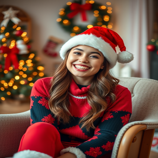 Capture a joyful model in a Santa hat and festive attire, sitting on a cozy chair with holiday decorations in the background, using a Canon EOS R5, 50mm lens, aperture f/1.8, ISO 100, and natural light to create a bright and cheerful atmosphere.
