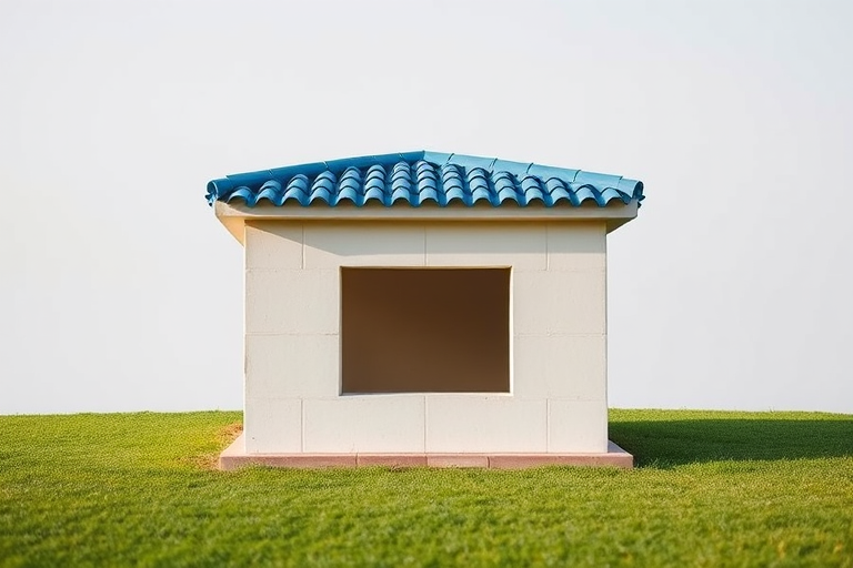 Create a high-resolution image of a simple rectangular box with a blue tiled roof, using a DSLR camera with a focal length of 50mm, aperture set to f/2.8, ISO at 100, shot at eye level in a soft natural light setting.